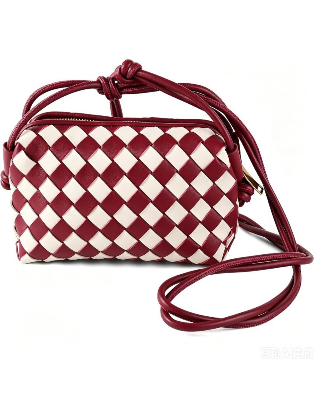 Women's Burgundy White Woven Leather Adjustable Strap Evening Crossbody Bag